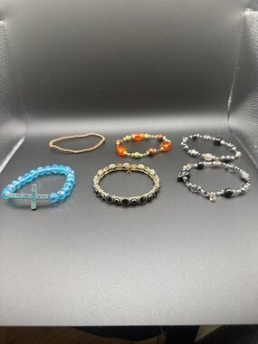 Stackable stretch Beaded Bracelets Set of 6 - Blue, Orange, Black, Gold Accents
